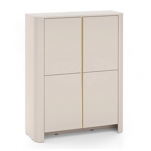 Komoda wysoka Bari 103 cm beżowa elegancki design zaokrąglone krawędzie bryły osadzonej na wysokiej podstawie ozdobna złota listwa