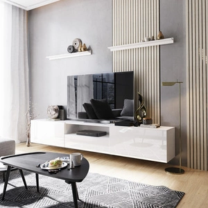 Szafka RTV wisząca Ekali 258 cm biała / biały połysk z półkami elegancki i stylowy design wpisujący się w każde wnętrze