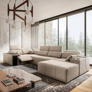 Narożnik z funkcją spania Tesalia IV Lux beżowy prawostronny stylowy narożnik z wysuwanym podnóżkiem oraz funkcją przesuwanego oparcia