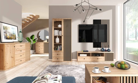 Półka Cali 120 cm dąb artisan / czarny oryginalny design praktyczna półka na ścianę do salonu jadalni lub pokoju dziennego