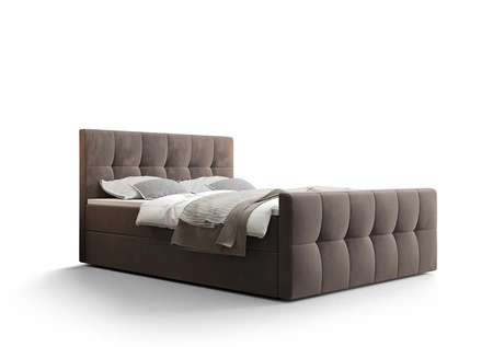 Łóżko kontynentalne Manhattan 140x200 jasny brąz w nowoczesnym skandynawskim stylu z tapicerowanym zagłówkiem i zanóżkiem