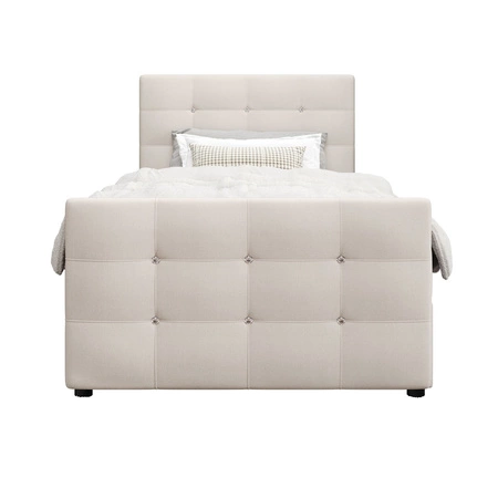 Łóżko kontynentalne Kansas 100x200 beżowe w nowoczesnym skandynawskim stylu z tapicerowanym zagłówkiem oraz zanóżkiem