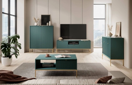 Komoda Lovro 104 cm pastelowy zielony nowoczesny design komoda wzbogacona o złote zachwyci miłośników wyrazistych wnętrz