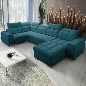 Narożnik z funkcją spania Luigi IV turkusowy prawostronny elegancki narożnik do salonu wykonany z miękkiej tkaniny typu velvet