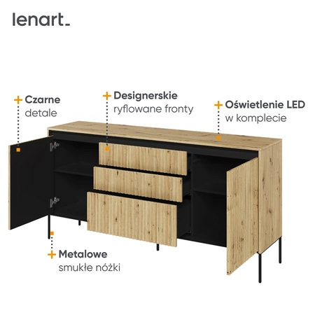 Komoda z szufladami Trend 166 cm dąb artisan funkcjonalna komoda o wyjątkowym designie ryflowane fronty z subtelnym oświetleniem