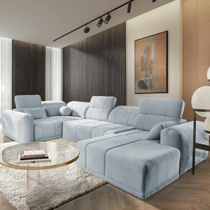 Narożnik z funkcją spania Cetara IV błękitny prawostronny stylowy design narożnika z przesuwanymi oparciami dwa pojemniki na pościel