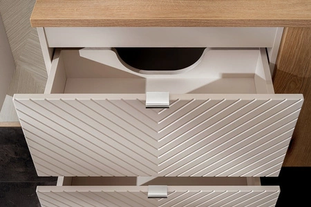 Zestaw mebli łazienkowych Viva beżowy / dąb coast evoke stylowe szafki z ciekawym frezowaniem w kształcie jodełki modna kolorystyka