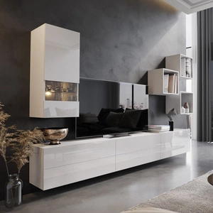 Meblościanka Peritia biała / biały połysk minimalistyczny design meblościanka do salonu lub pokoju dziennego system push to open