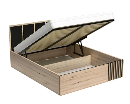 Łóżko Cali 180x200 cm dąb artisan / czarny z pojemnikiem to idealne łóżko do sypialni tapicerowany zagłówek ozdobne lamele na łóżku