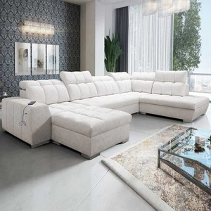 Narożnik z funkcją spania Luigi VI jasny beż lewostronny stylowy narożnik rozkładany z pojemnikami na pościel pokryty miękką tkaniną