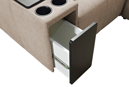 Narożnik z funkcją spania Tesalia zielony prawostronny nowoczesny design komfortowe przesuwane oparcie szuflada w boczku mebla