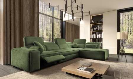 Narożnik z funkcją spania Viano XI Lux zielony prawostronny designerski narożnik z wysuwanym podnóżkiem i pojemnikiem na pościel