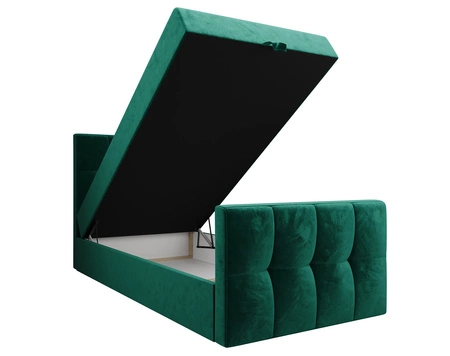 Łóżko kontynentalne Manhattan 100x200 butelkowa zieleń w nowoczesnym skandynawskim stylu z tapicerowanym zagłówkiem i zanóżkiem łóżko z pojemnikiem