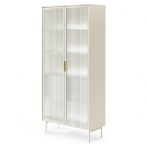Witryna Lumi 92 cm beżowa designerska witryna z ryflowanym szkłem wewnętrzne szuflady z systemem push to open oświetlenie LED