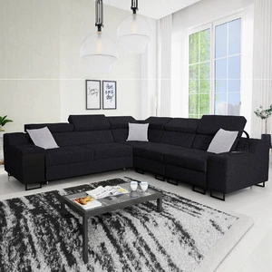 Narożnik z funkcją spania Alcamo III czarny prawostronny funkcjonalny i stylowy narożnik z szufladą w boczku dwa pojemniki na pościel