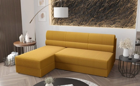 Narożnik z funkcją spania Fogu miodowy lewostronny stylowy narożnik o prostym designie pokryty sztruksową tkaniną pojemnik na pościel