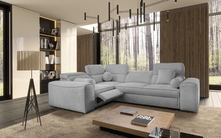 Narożnik z funkcją spania Viano II Lux jasny szary lewostronny designerski narożnik do salonu z komfortowym wysuwanym podnóżkiem