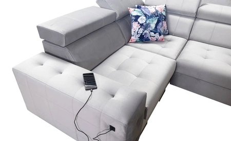 Narożnik z funkcją spania Hampton IV beżowy prawostronny funkcjonalny narożnik z dostawką która sprawdzi się jako podnóżek