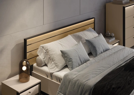 Łóżko Enna 160x200 cm beżowy / czarny / dąb natura komfortowe łóżko do sypialni z pojemnikiem zagłówek wzbogacony o oświetlenie LED