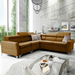 Narożnik z funkcją spania Rava IV miodowy lewostronny velvet komfort podczas codziennego wypoczynku pojemnik na pościel