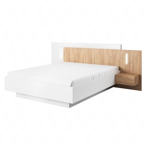 Łóżko Space 160x200 cm z pojemnikiem na pościel i szafkami nocnymi biały / dąb craft złoty zagłówek wzbogacony o oświetlenie LED