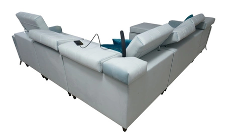 Narożnik z funkcją spania Rava VII błękitny lewostronny praktyczny i nowoczesny narożnik do salonu z regulowanymi zagłówkami