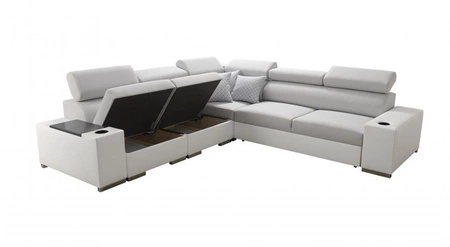 Narożnik z funkcją spania Provo III czarny / biały lewostronny narożnik z pojemnikiem na pościel i regulowanymi zagłówkami