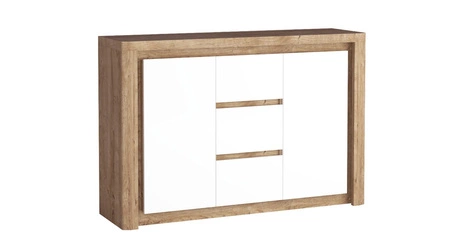 Komoda z szufladami Livinio 144 cm dąb ribbeck / biały połysk stylowa komoda do sypialni wyposażona w dyskretne oświetlenie ledowe