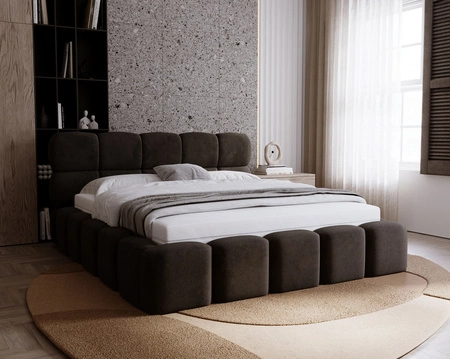 Łóżko tapicerowane Noe 140x200 czarne komfortowe łóżko z pojemnikiem na pościel gustowny zagłówek i zanóżek