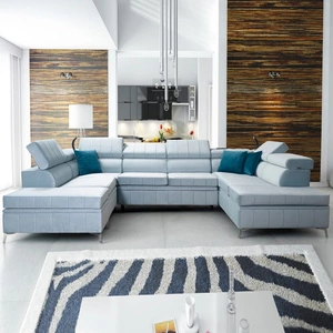 Narożnik z funkcją spania Rava VIII błękitny prawostronny elegancki design gustowna bryła z gwarancją komfortu miękka tkanina