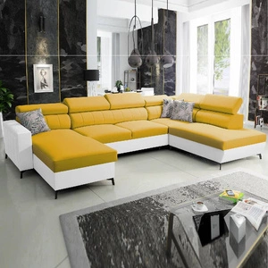Narożnik z funkcją spania Savona VI żółty / biały lewostronny elegancki i komfortowy narożnik do salonu dwa pojemniki na pościel