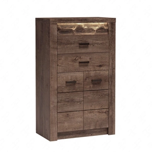 Komoda wysoka Indiana 76 cm jesion ciemny elegancka stylistyka komody z szufladami ozdobna deska na froncie komody oświetlona LED