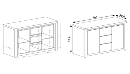 Komoda z szufladami Livinio 144 cm dąb ribbeck / biały połysk stylowa komoda do sypialni wyposażona w dyskretne oświetlenie ledowe