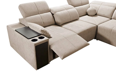 Narożnik z funkcją spania Tesalia III Lux zielony lewostronny komfortowy narożnik z wysuwanym podnóżkiem funkcja przesuwanego oparcia