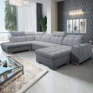 Narożnik z funkcją spania Luigi VI szary prawostronny stylowy narożnik rozkładany z pojemnikami na pościel pokryty miękką tkaniną