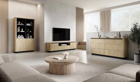 Szafka RTV Torro 200 cm dąb cremona / czarny stylowa szafka pod telewizor w modnym stylu zaoblone krawędzie stabilna podstawa