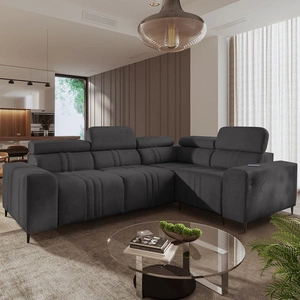 Narożnik z funkcją spania Castel II grafitowy prawostronny komfortowy narożnik z regulowanymi zagłówkami pojemnik na pościel