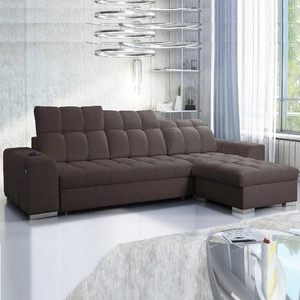 Narożnik z funkcją spania Luigi brązowy prawostronny narożnik z dwoma pojemnikami na pościel tkanina o ciekawej strukturze