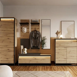 Zestaw mebli do przedpokoju Quant dąb artisan / czarny garderoba w stylu loftowym oświetlenie LED komplet mebli z szafą