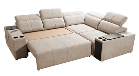 Narożnik z funkcją spania Tesalia II niebieski prawostronny komfortowy narożnik do salonu z przesuwanym oparciem pojemnik na pościel