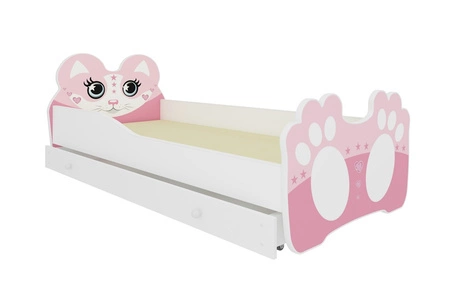 Łóżko Bear 70x140 cm biały / różowy małe łóżko z materacem i szufladą na pościel w kształcie misia z uroczym nadrukiem kotka
