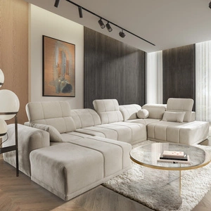 Narożnik z funkcją spania Cetara VI beżowy lewostronny komfortowy i stylowy narożnik rozkładany z przesuwanymi oparciami