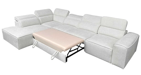 Narożnik z funkcją spania Viano XI szary błękit lewostronny modny i stylowy narożnik z regulowanymi zagłówkami ozdobne poduszki