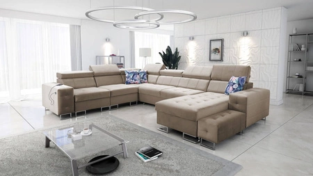 Narożnik z funkcją spania Hampton VIII beżowy prawostronny nowoczesny design narożnik rozkładany do salonu funkcjonalna dostawka