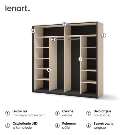 Szafa przesuwna z lustrem Enna 220 cm beżowy / czarny elegancki design doskonała szafa do sypialni lub garderoby oświetlenie LED