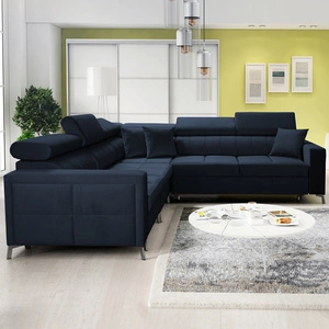 Narożnik z funkcją spania Nausa IV granatowy lewostronny velvet dekoracyjne przeszycia na siedzisku narożnik z pojemnikami na pościel