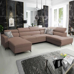 Narożnik z funkcją spania Savona VI jasny brąz lewostronny elegancki i komfortowy narożnik do salonu z dwoma pojemnikami na pościel