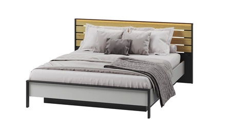 Łóżko Gris 160x200 cm szary / czarny / dąb natura komfortowe łóżko do sypialni z pojemnikiem zagłówek wzbogacony o oświetlenie LED