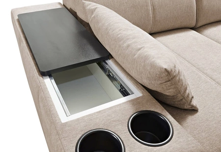 Narożnik z funkcją spania Tesalia XI niebieski prawostronny nowoczesny narożnik z komfortowym przesuwanym oparciem i pojemną szufladą