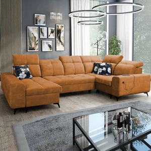 Narożnik z funkcją spania Buffalo IV miodowy lewostronny stylowy narożnik rozkładany z dwoma pojemnikami na pościel welurowa tkanina